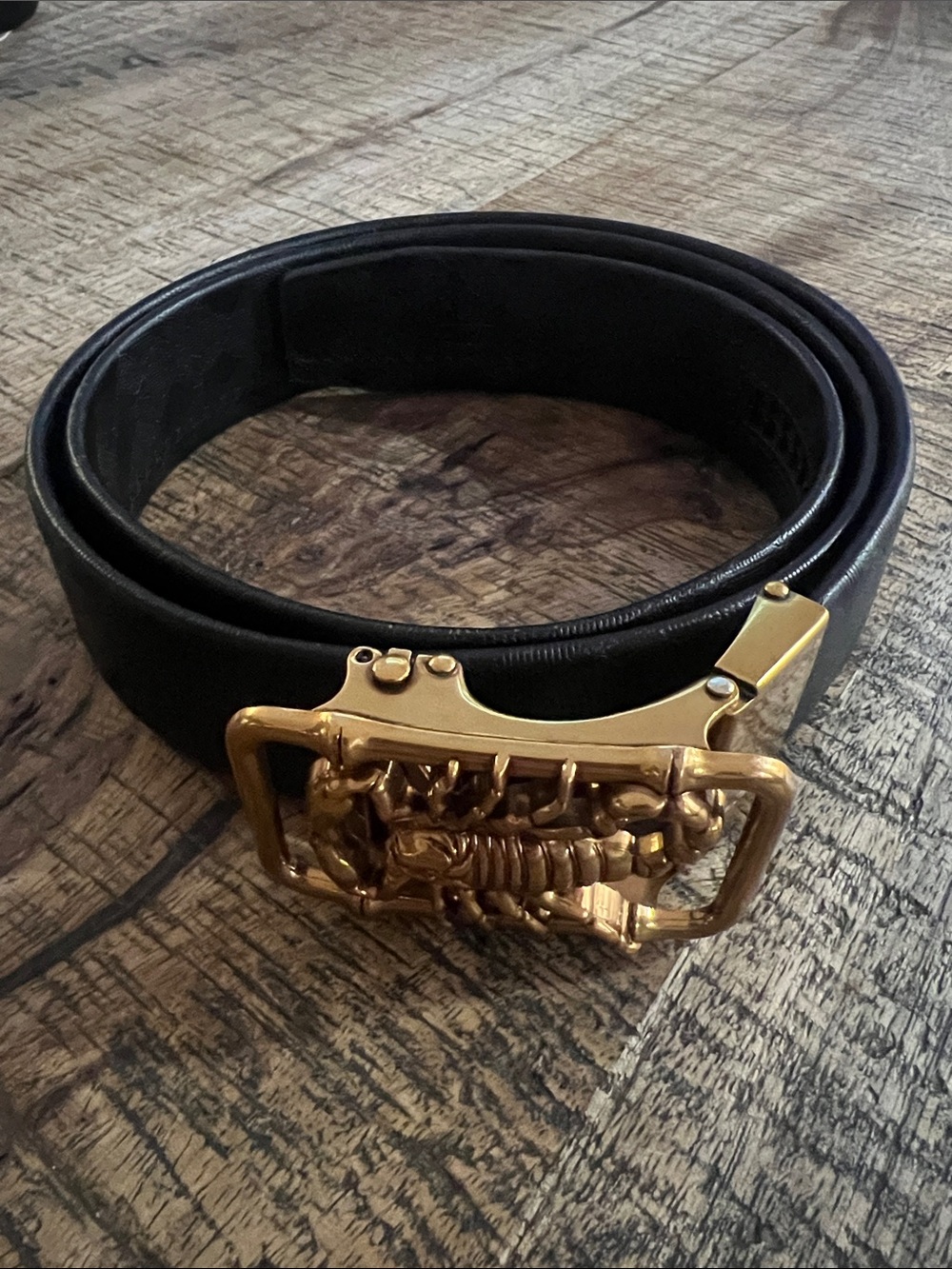 Black Leather Belt with Gold Scorpion Buckle - Men's Accessory